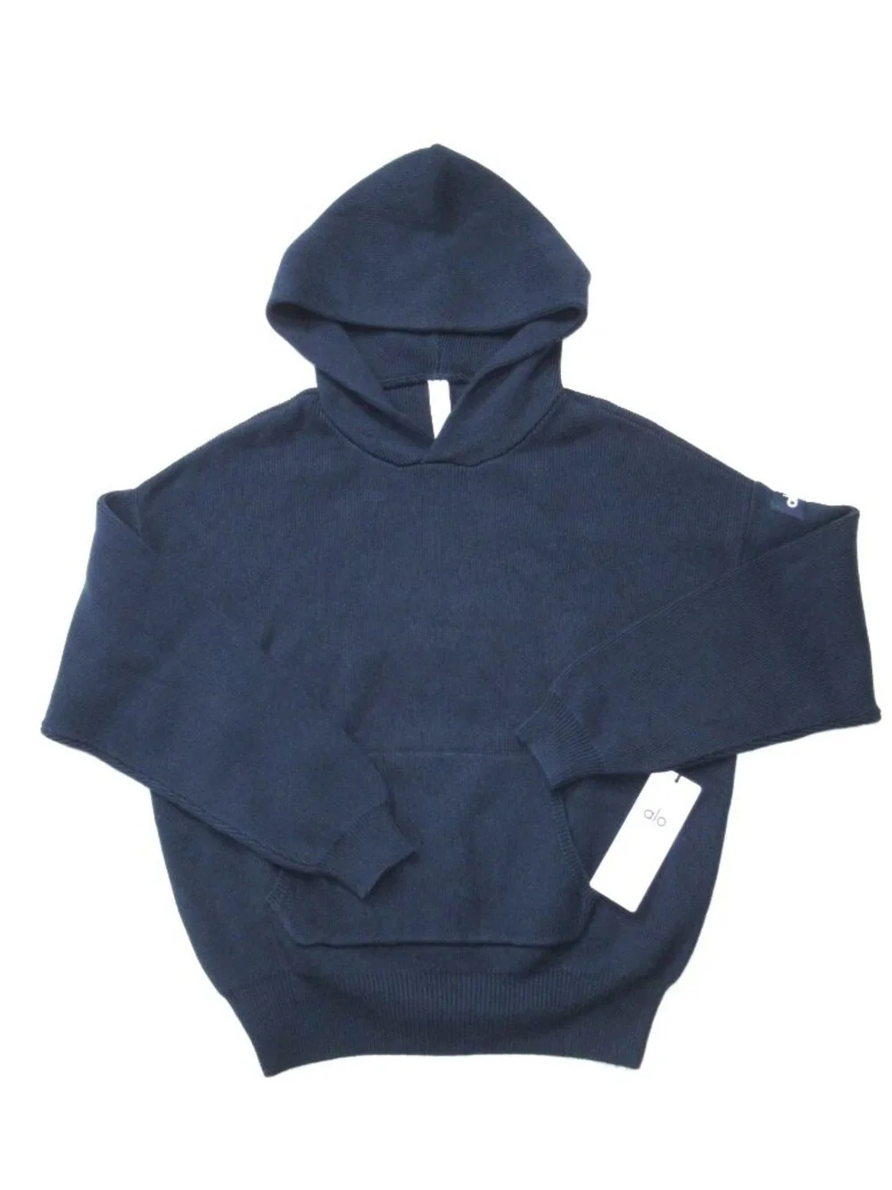NWT Alo Unisex Scholar Hooded Sweater in Navy Blue Heavyweight Oversized Knit XS